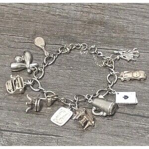 Sterling Silver 10 Charm Ace Cards Car Couple Piano Typewriter Vintage Bracelet